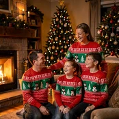 A family of four dressed in matching red and green Christmas sweaters gathered around a decorated tree in a cozy living room, warm fireplace glow from the left side casting amber light across their faces, soft bokeh of ornament lights in the background, joyful expressions, festive greeting card composition.