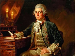 A regal figure dressed in 18th-century aristocratic attire — powdered wig, embroidered coat, and lace cravat — seated beside a mahogany writing desk with a quill pen, painted in the style of a classical oil portrait with warm amber candlelight, rich dark background, and fine brushwork texture visible across the canvas.