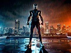 A heroic figure in a sleek dark armored superhero suit standing on a rain-slicked rooftop at night with a glowing city skyline behind them, dramatic rim lighting from below casting sharp upward shadows, cool blue and orange contrast, cinematic wide-angle composition with a sense of power and motion.