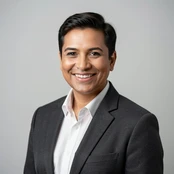 A polished professional with a warm, confident smile wearing a charcoal blazer over a white shirt, photographed against a clean light-grey studio backdrop, soft diffused frontal lighting from a large softbox eliminating harsh shadows, sharp focus on facial features, neutral color grading, corporate portrait photography style.